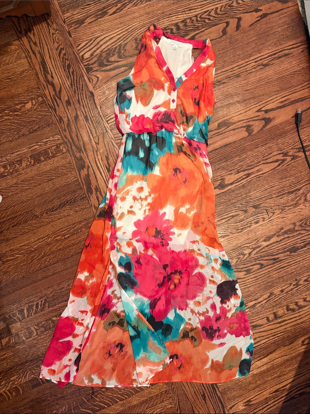 Bisou Bisou Sleeveless Floral Maxi Dress in Orange, Pink & Teal
